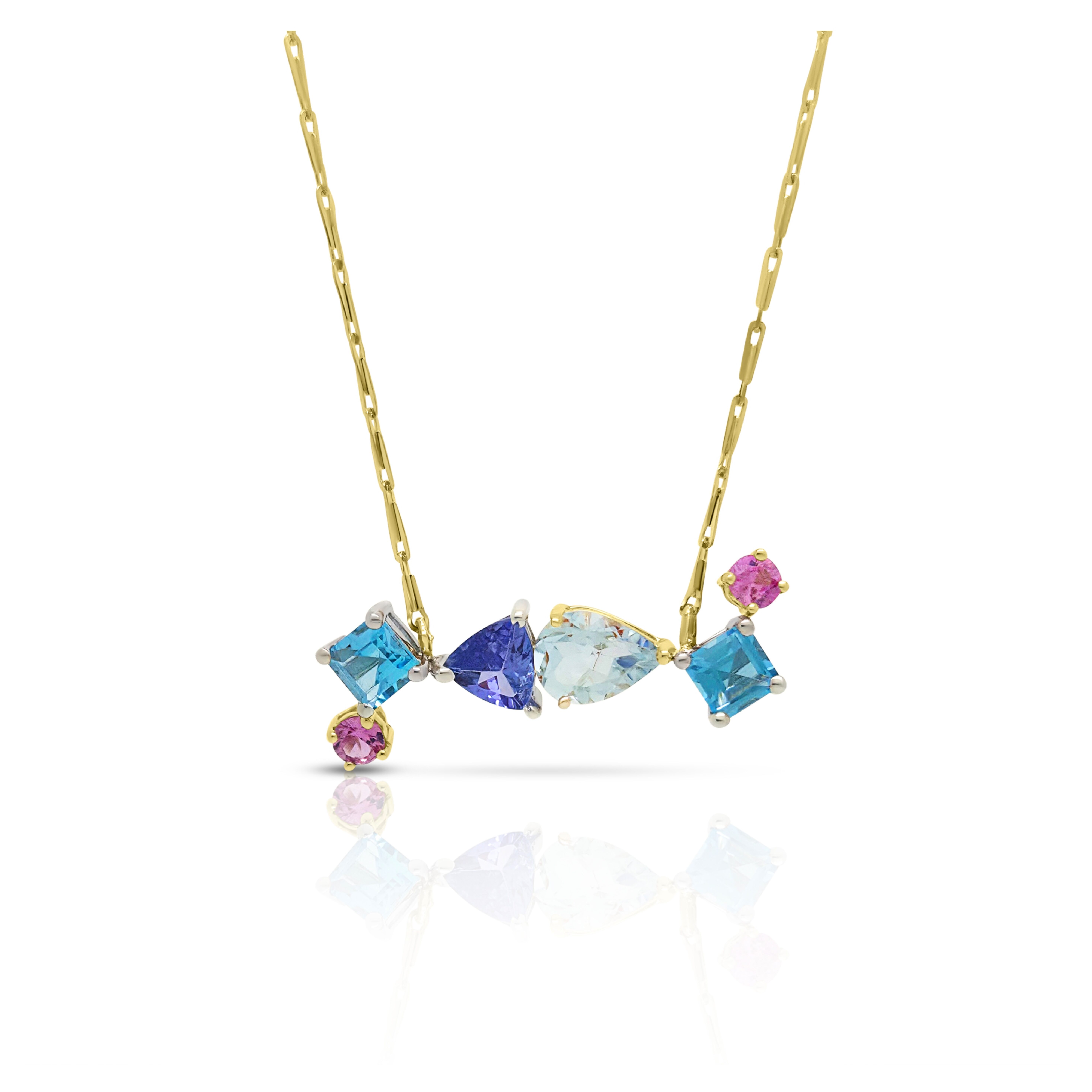 Unique Tanzanite, Aquamarine, Blue Topaz and Pink Sapphire Necklace