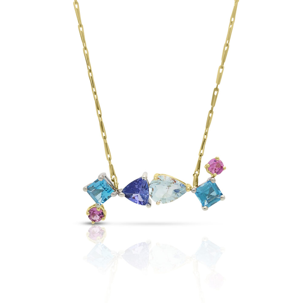 Unique Tanzanite, Aquamarine, Blue Topaz and Pink Sapphire Necklace